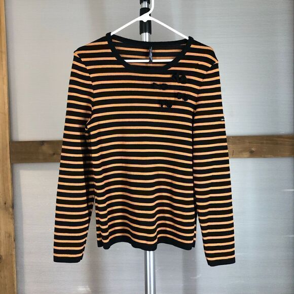 Saint JAMES MADEMOISELLE Wool Blend Orange Black Stripe Sweater Bow Appliques Sz - Picture 1 of 9
